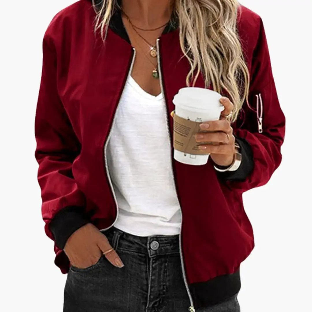 Men’s bomber jacket by Wilfred Smith with front zip and ribbed cuffs and hem in red