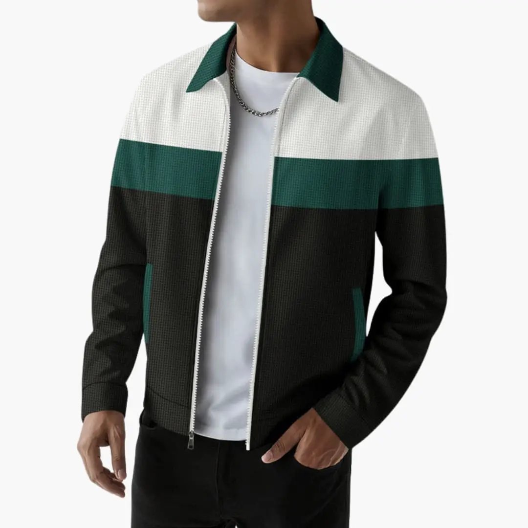 Men’s bomber jacket with textured design and white-green-black color blocks.