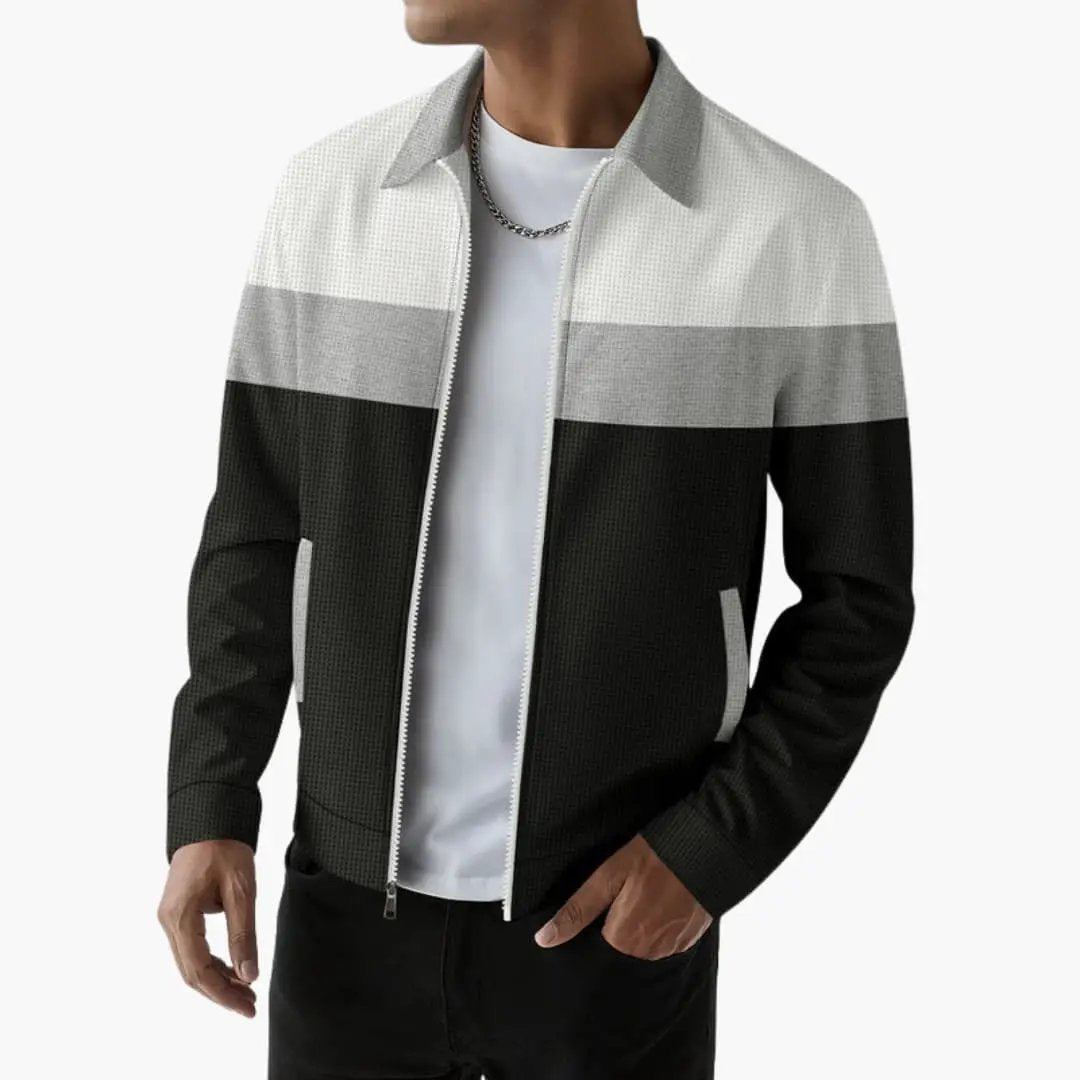 Men’s bomber jacket by Wilfred Smith with textured knit and white-gray-black color blocks, zip front