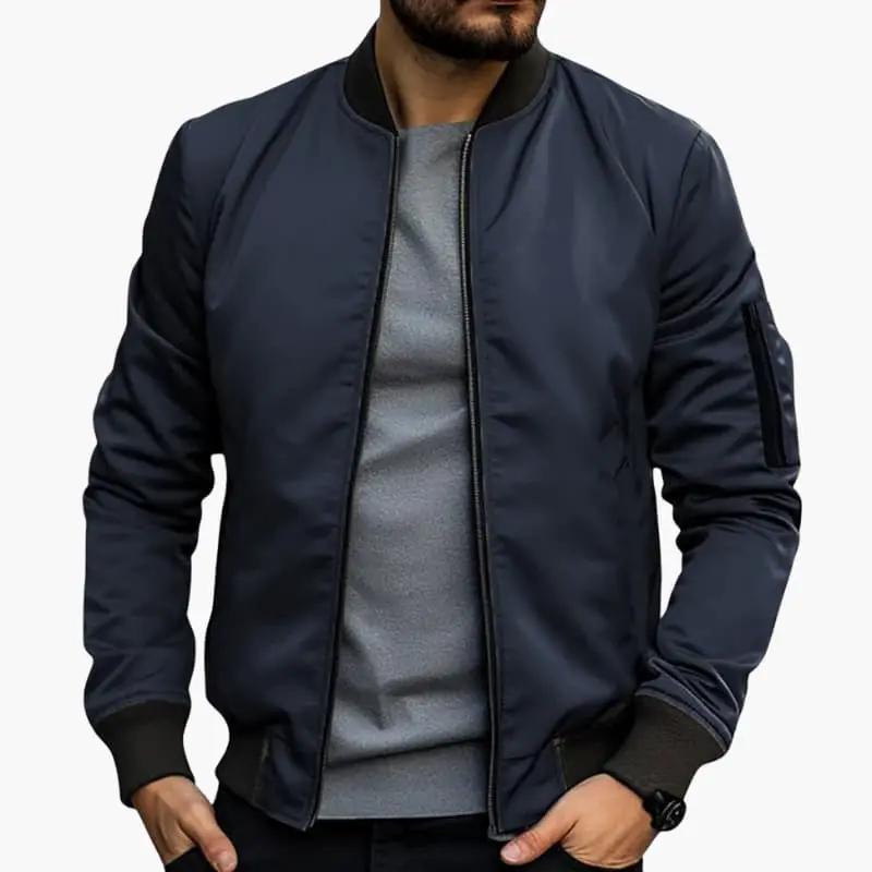 Men’s bomber jacket in navy with zip closure and ribbed hem.