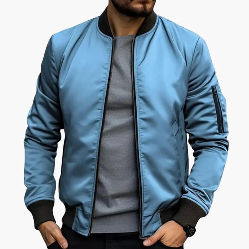 Men's bomber jacket in light blue with zip closure and ribbed hem and cuffs.