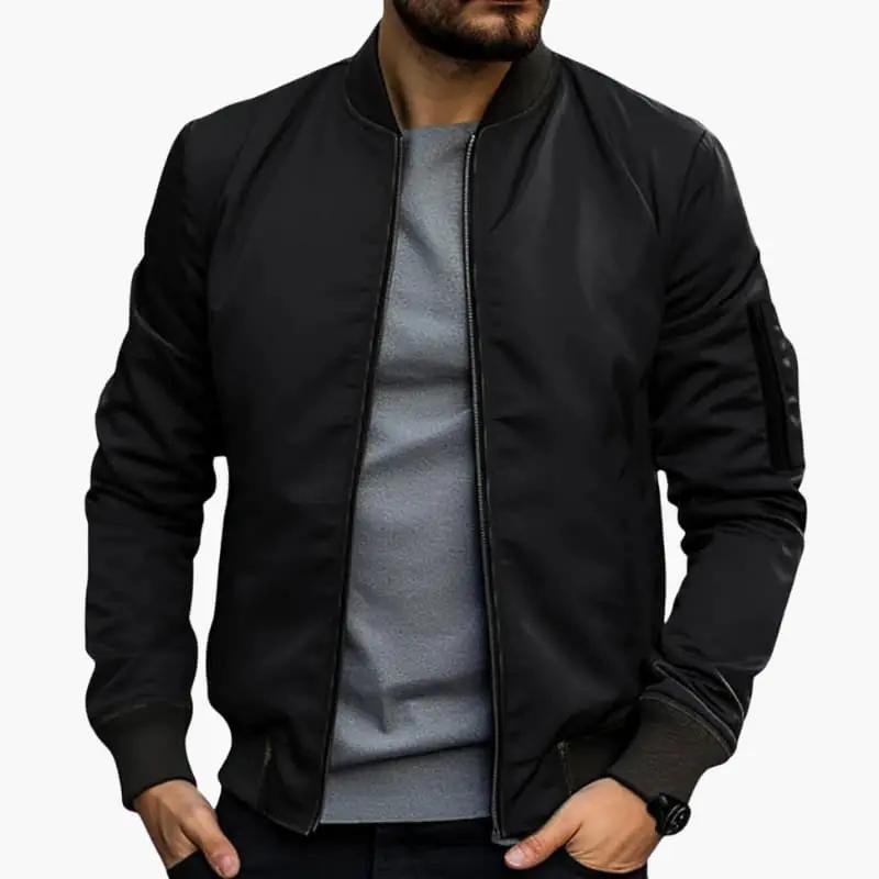 Men’s bomber jacket with zip closure in black, ribbed hem