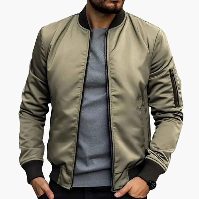 Men’s olive bomber jacket with zip closure and ribbed hem and cuffs, worn by a model.