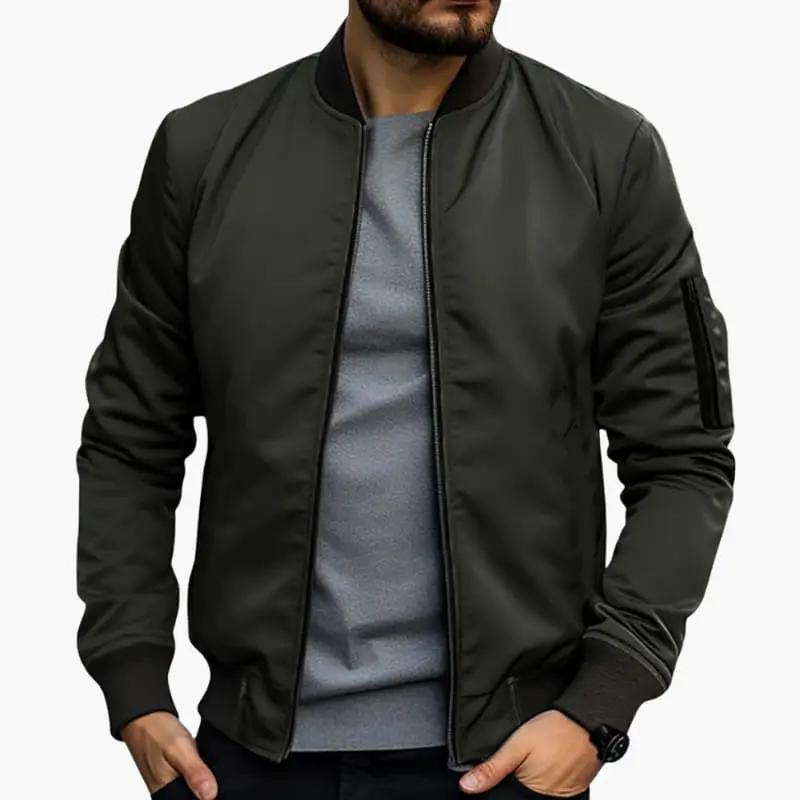 Men’s bomber jacket in olive green with zip closure and black ribbed cuffs and hem.