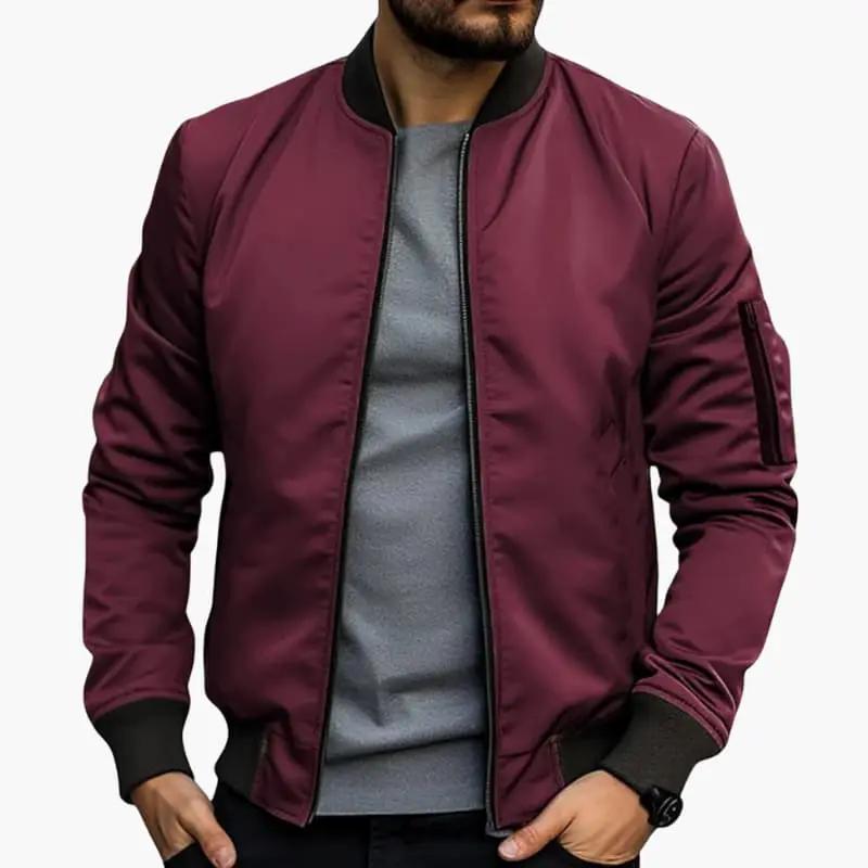 Men’s Bomber Jacket in burgundy with zip closure and ribbed hem and cuffs.