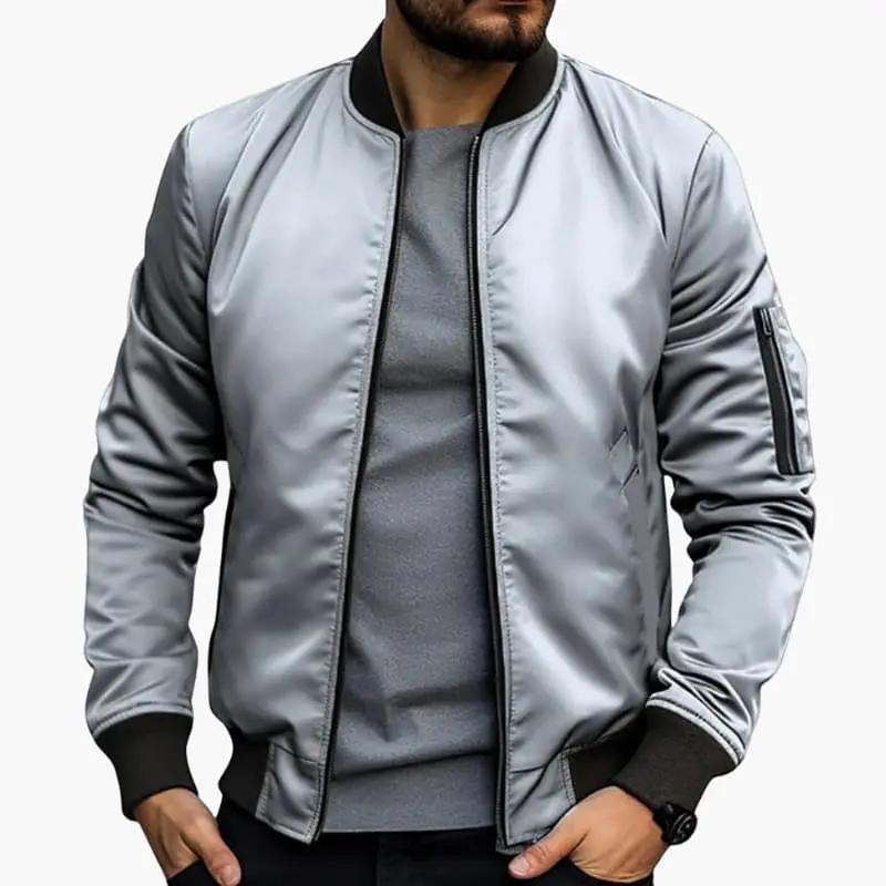 Men’s bomber jacket in metallic silver with zip closure and ribbed hem