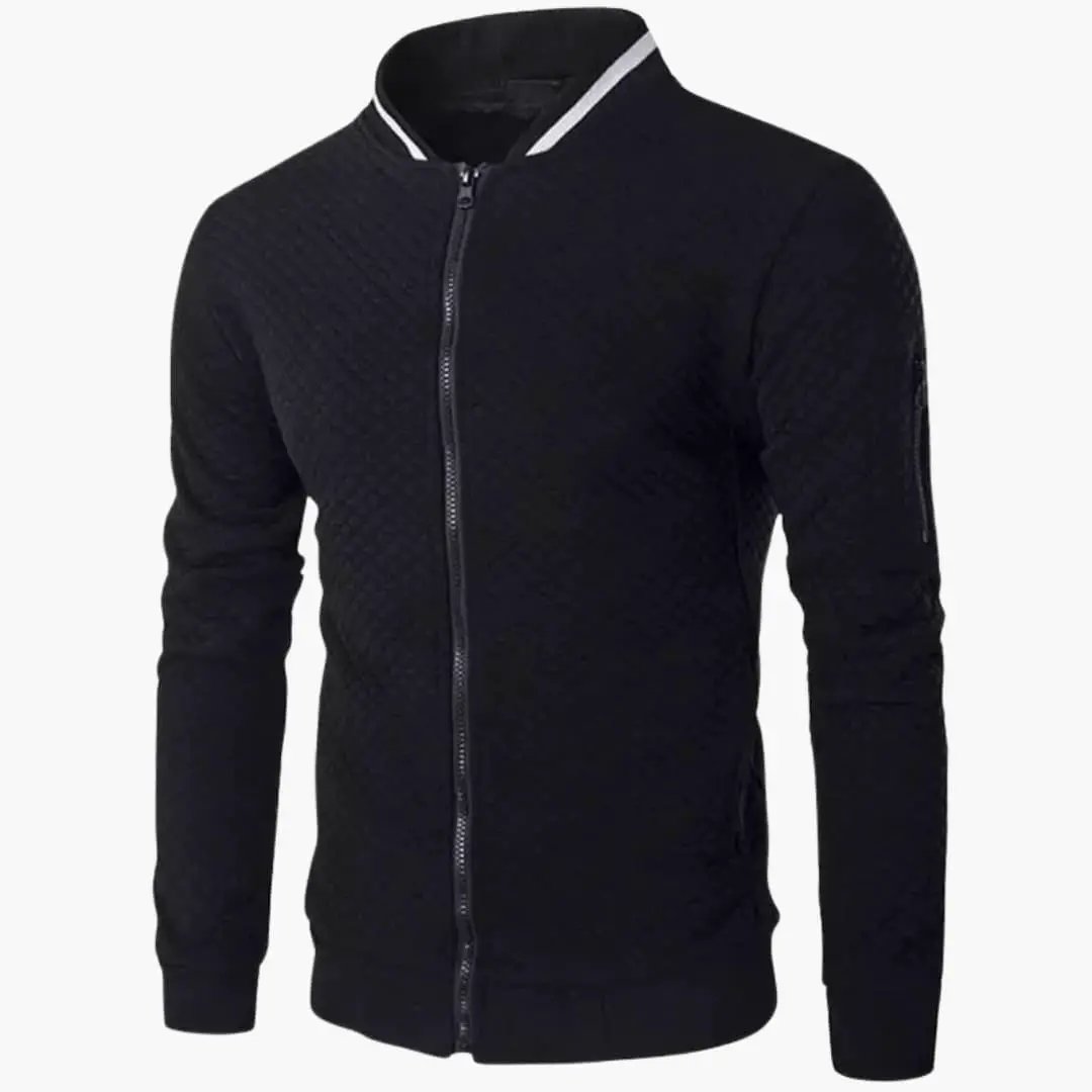 Men’s black bomber jacket with zip front, quilted panels and ribbed cuffs