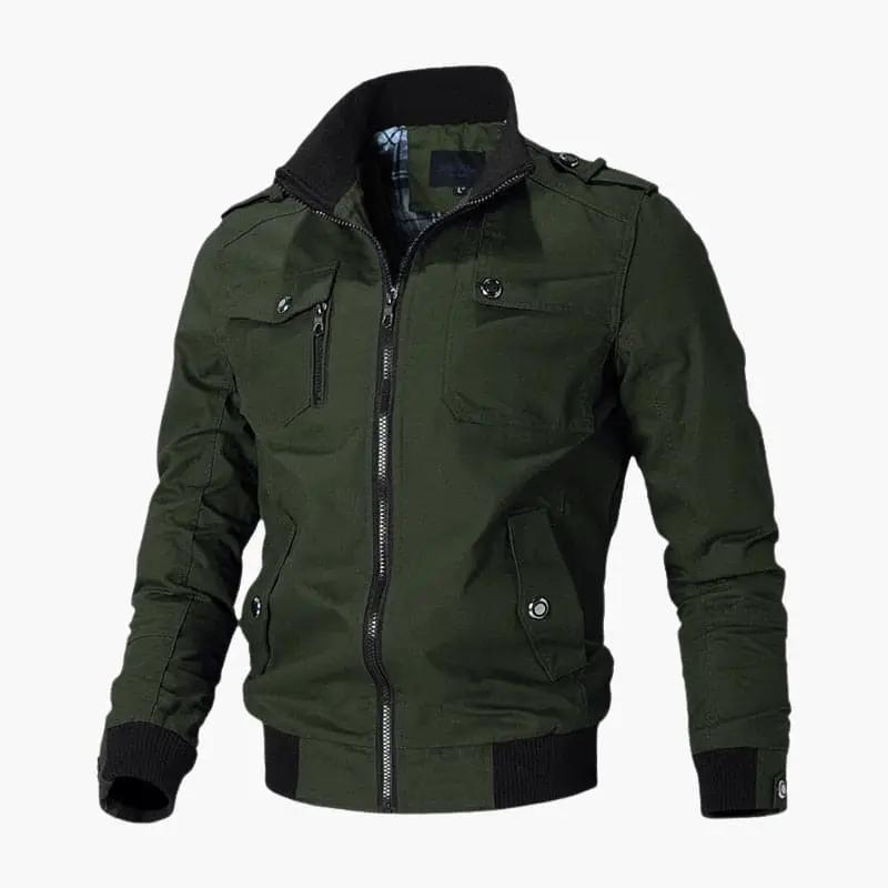 Men’s Bomber Jacket by Wilfred Smith in olive green with zip closure and ribbed cuffs.