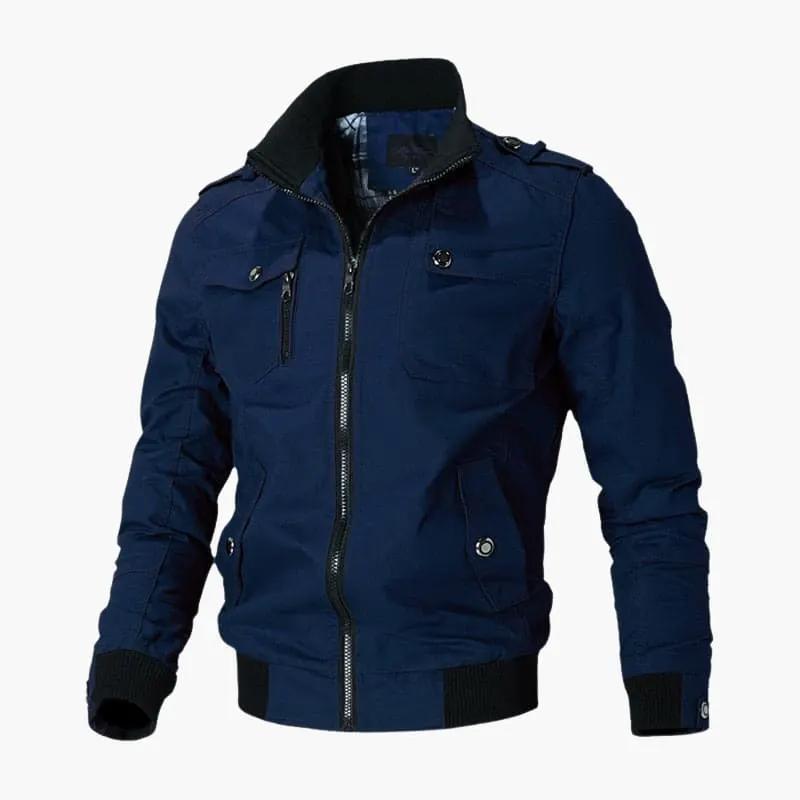 Men’s navy bomber jacket with zip front, ribbed cuffs and hem, chest pockets