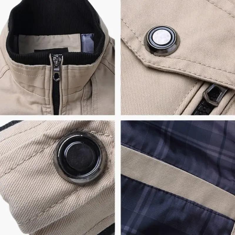 Men's beige bomber jacket with zipper closure and ribbed trim, featuring plaid lining.