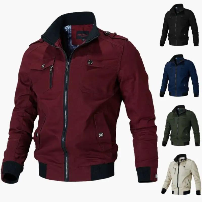 Men's bomber jacket by Wilfred Smith with zip front and ribbed trim in burgundy; five-color options shown