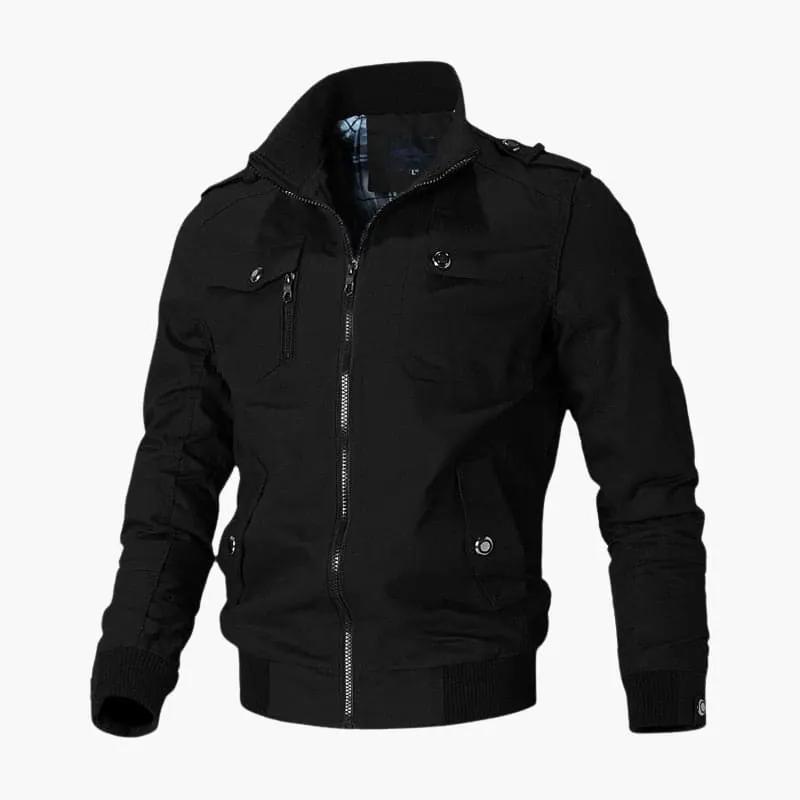 Men’s bomber jacket by Wilfred Smith with zip front and ribbed trim, black fabric