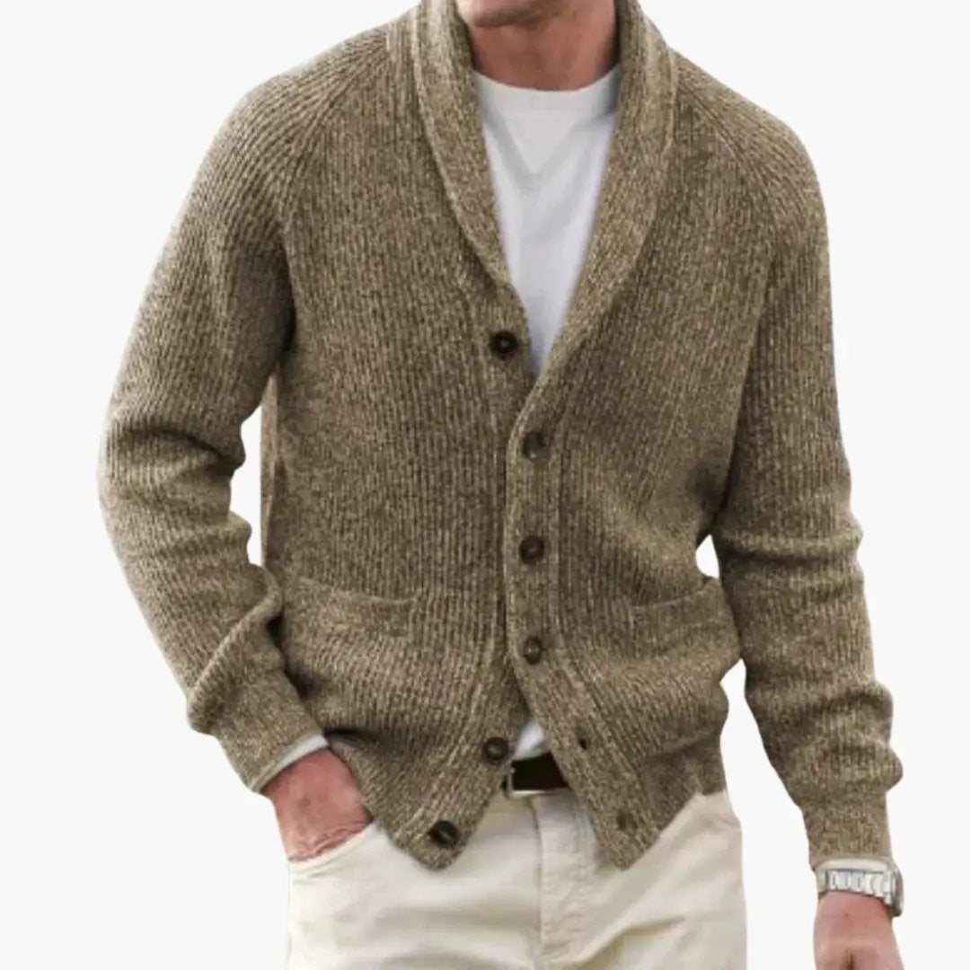 Men's cardigan with shawl collar in beige knit, button-front, patch pockets.