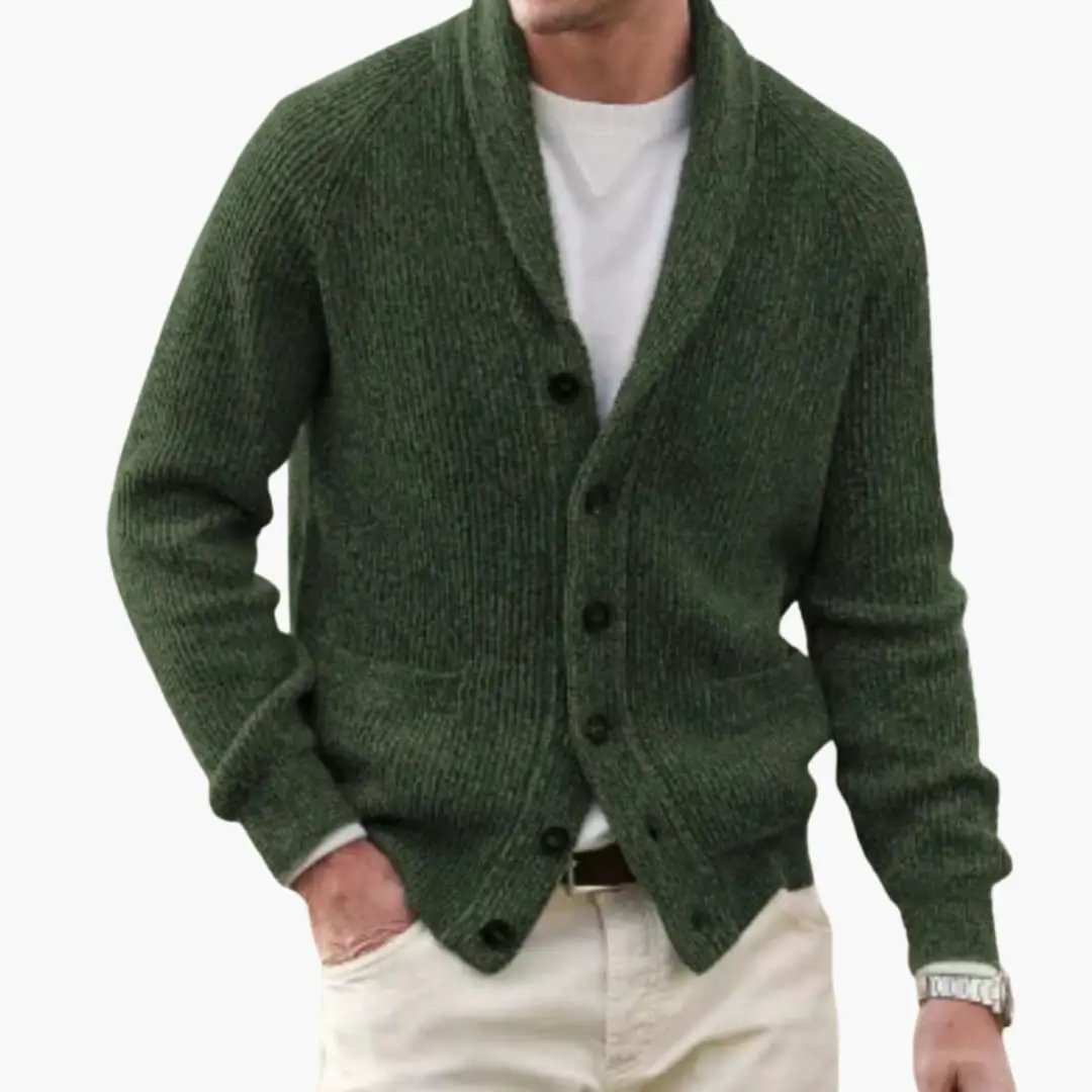 Men's cardigan with shawl collar, olive green chunky knit, button-front.