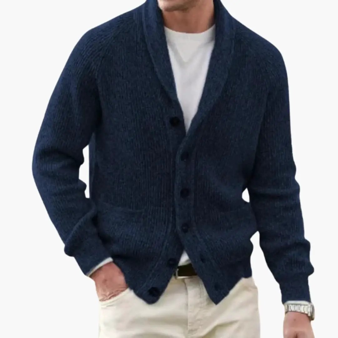 Men’s Cardigan with Shawl Collar and Button Front, navy knit.