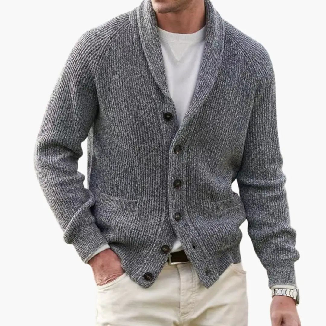 Men’s cardigan sweater by Wilfred Smith with shawl collar, gray knit, button-front