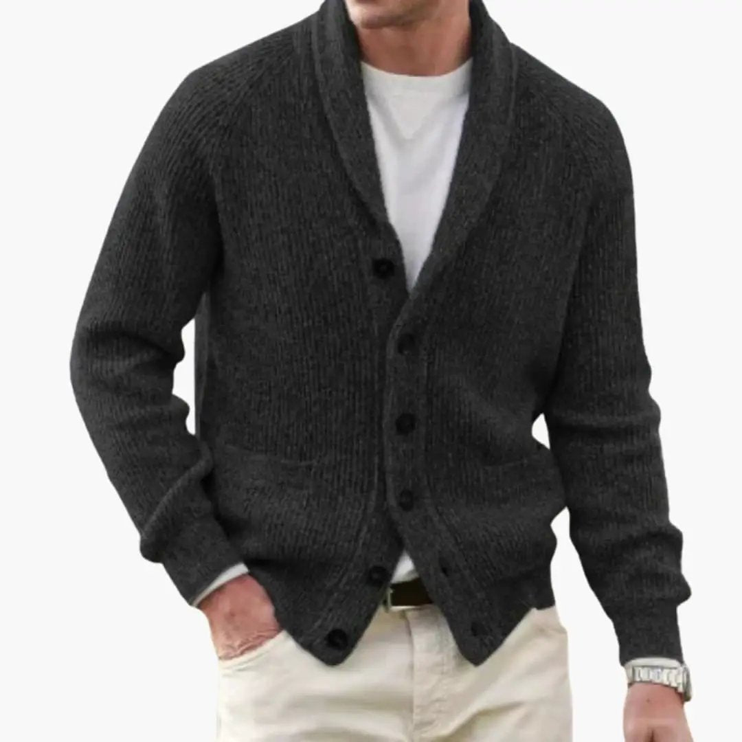 Men’s cardigan with shawl collar in charcoal gray knit, button-front.