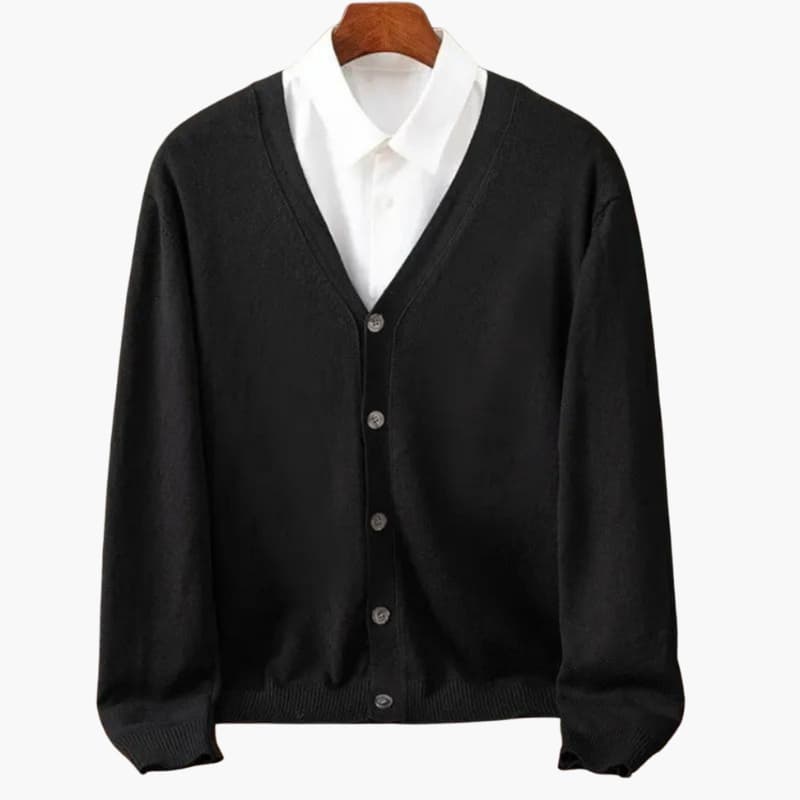 Men’s cardigan with V-neck and button closure in black, layered over a white shirt