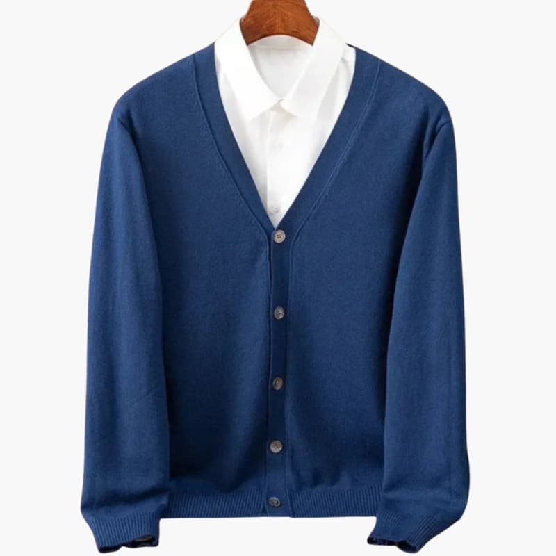 Men’s Cardigan, navy blue, V-neck with button closure, classic knit