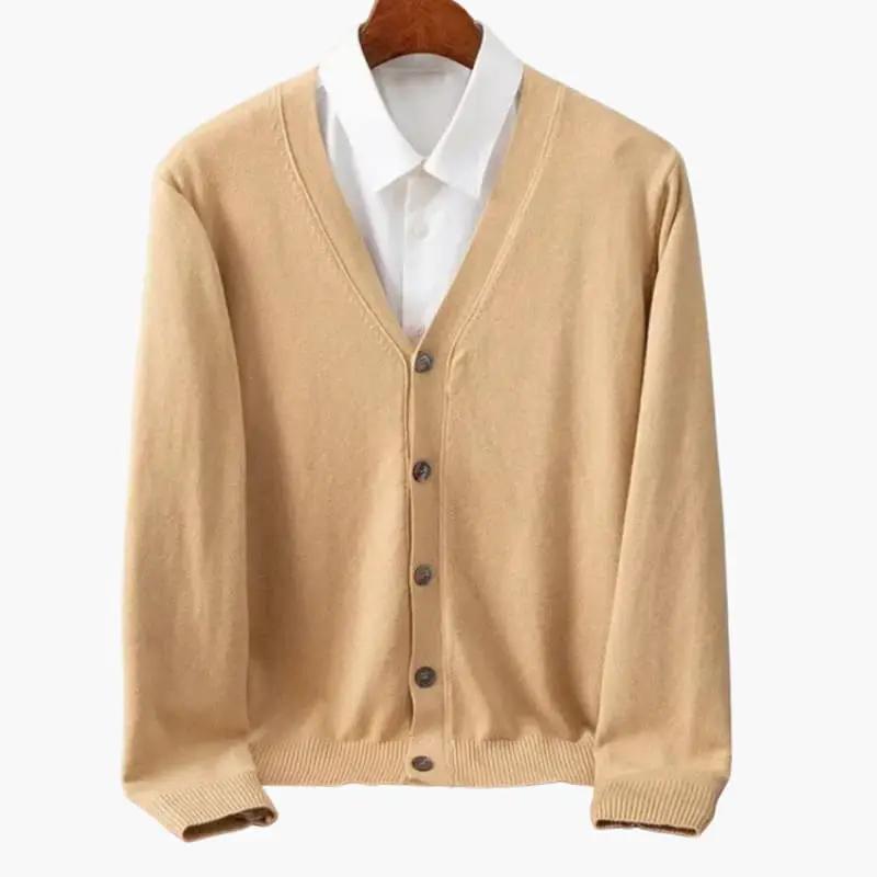 Men’s cardigan with V-neck and button closure in beige by Wilfred Smith.