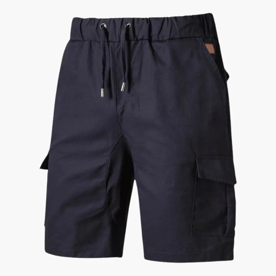 Men's above-knee cargo shorts by Wilfred Smith, navy with drawstring waist and flap pockets.