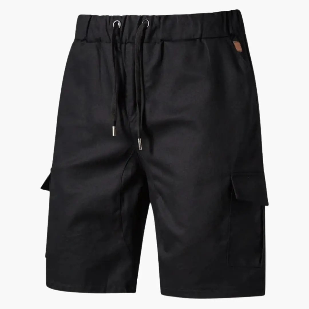 Men's cargo shorts by Wilfred Smith, black above-knee length with drawstring waist and flap pockets