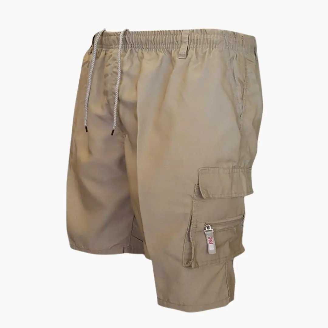 Men's knee-length cargo shorts by Wilfred Smith in tan with drawstring and flap pockets