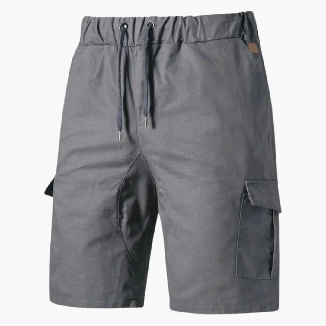 Men's above-knee cargo shorts in gray with drawstring waist and flap pockets, Wilfred Smith
