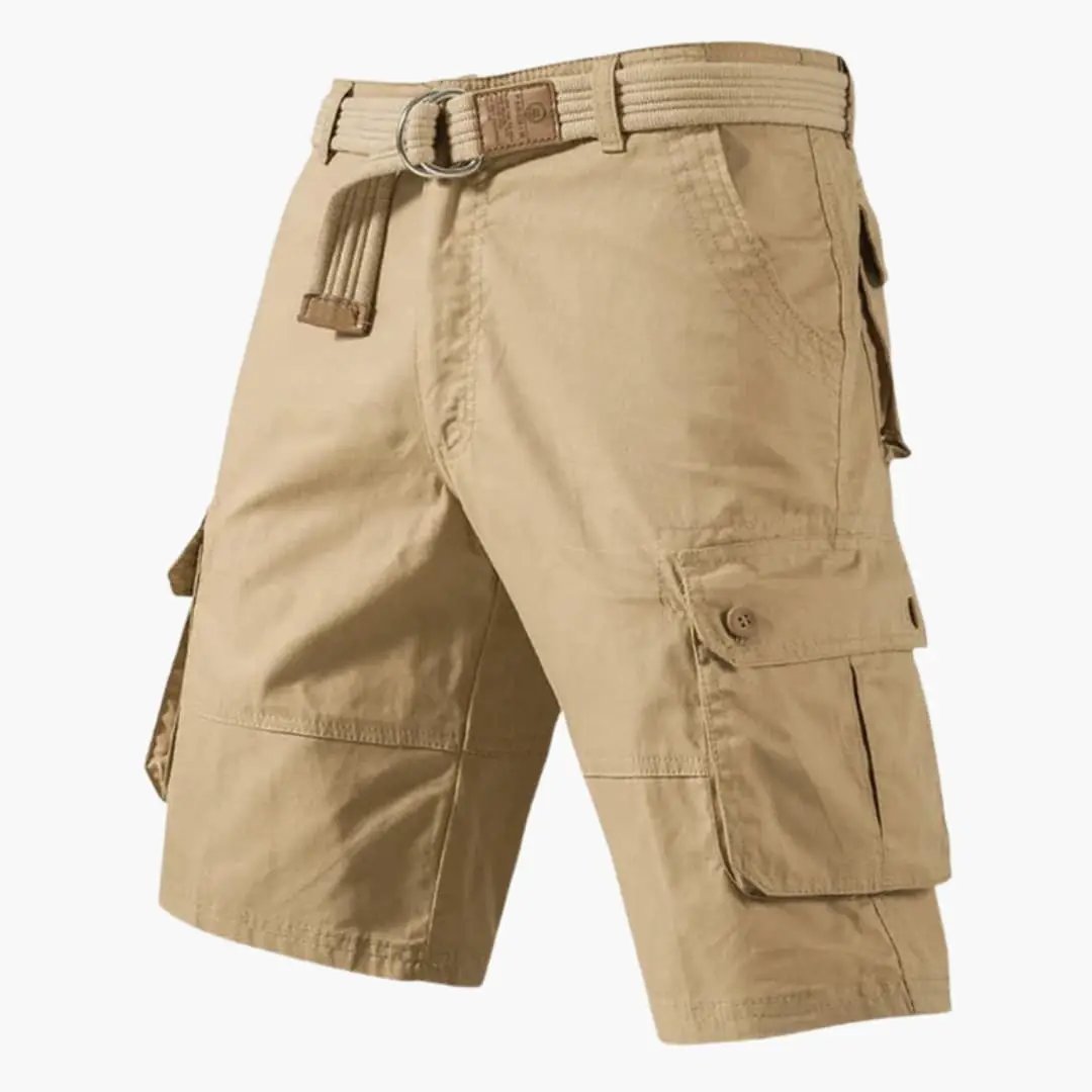 Men's cargo shorts with elastic waist, knee-length, tan beige, multiple pockets