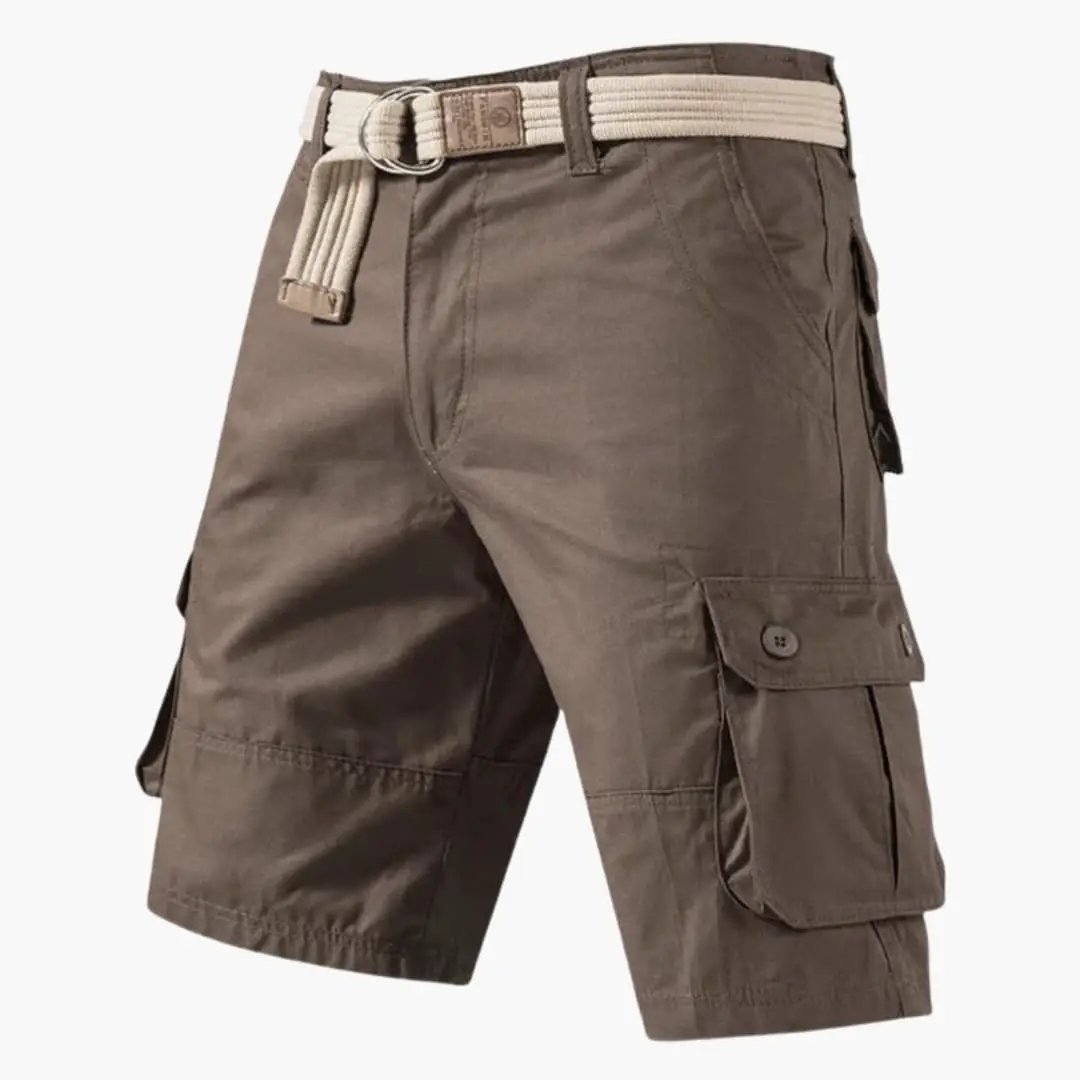 Men's cargo shorts with elastic waist, knee-length, khaki color, multiple pockets