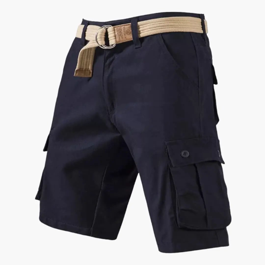 Men's cargo shorts with elastic waist in navy, knee-length, beige belt, multiple pockets