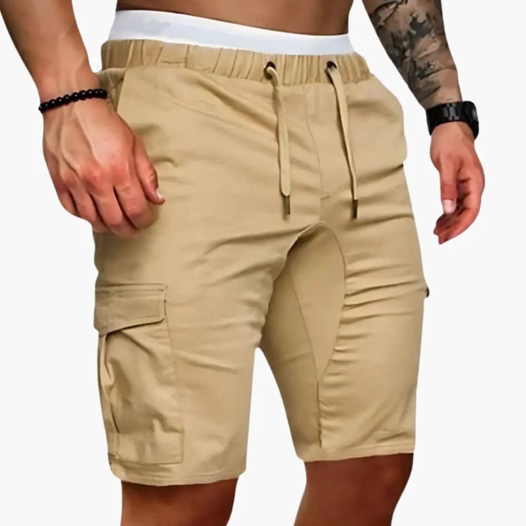 Men's cargo shorts with elastic waist and patch pockets in khaki by Wilfred Smith