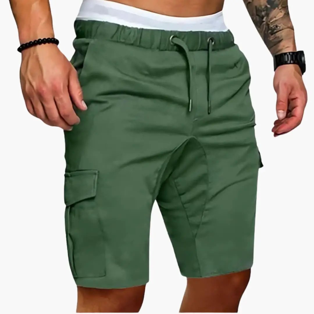 Men's cargo shorts with elastic waist, olive green, knee-length, Wilfred Smith, patch pockets