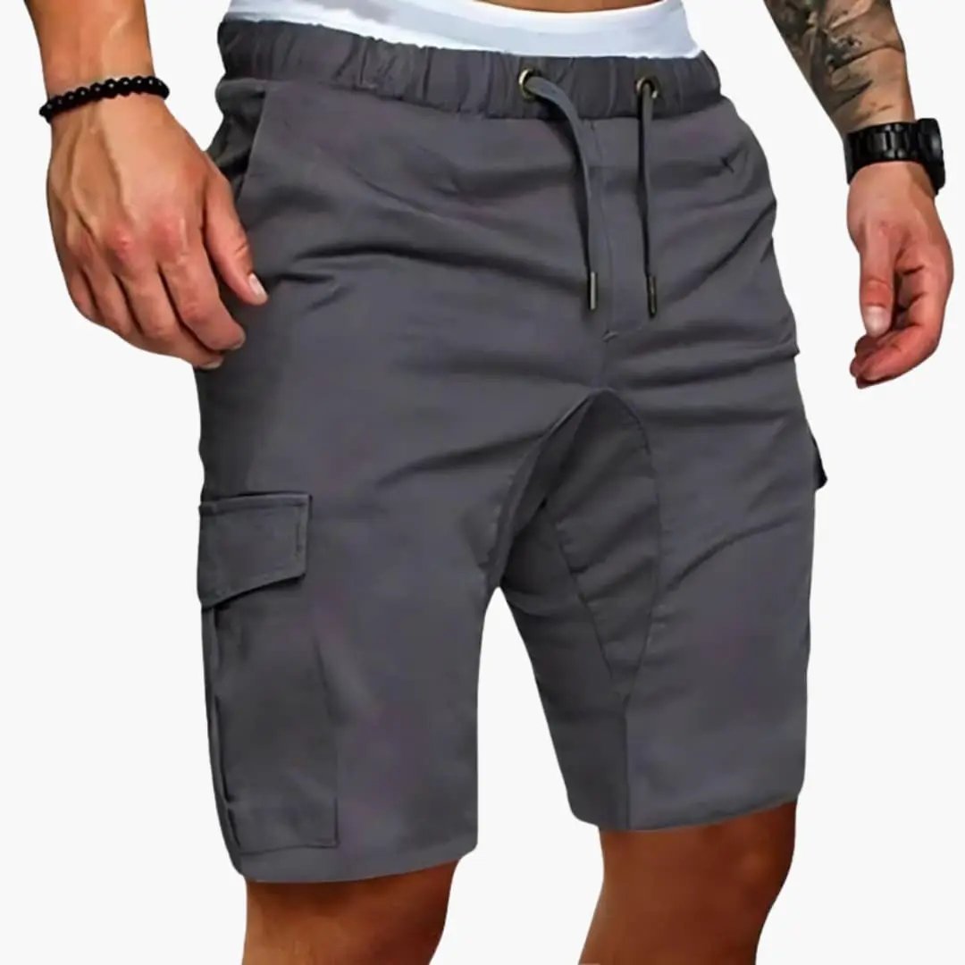Men's cargo shorts, gray knee-length with elastic waist and patch pockets