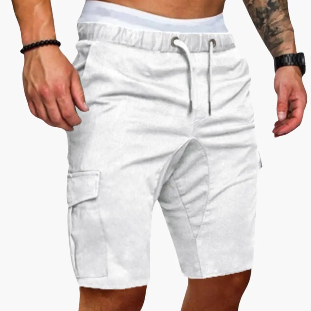Men's cargo shorts with multiple pockets, loose fit, light gray knee-length with drawstring waist