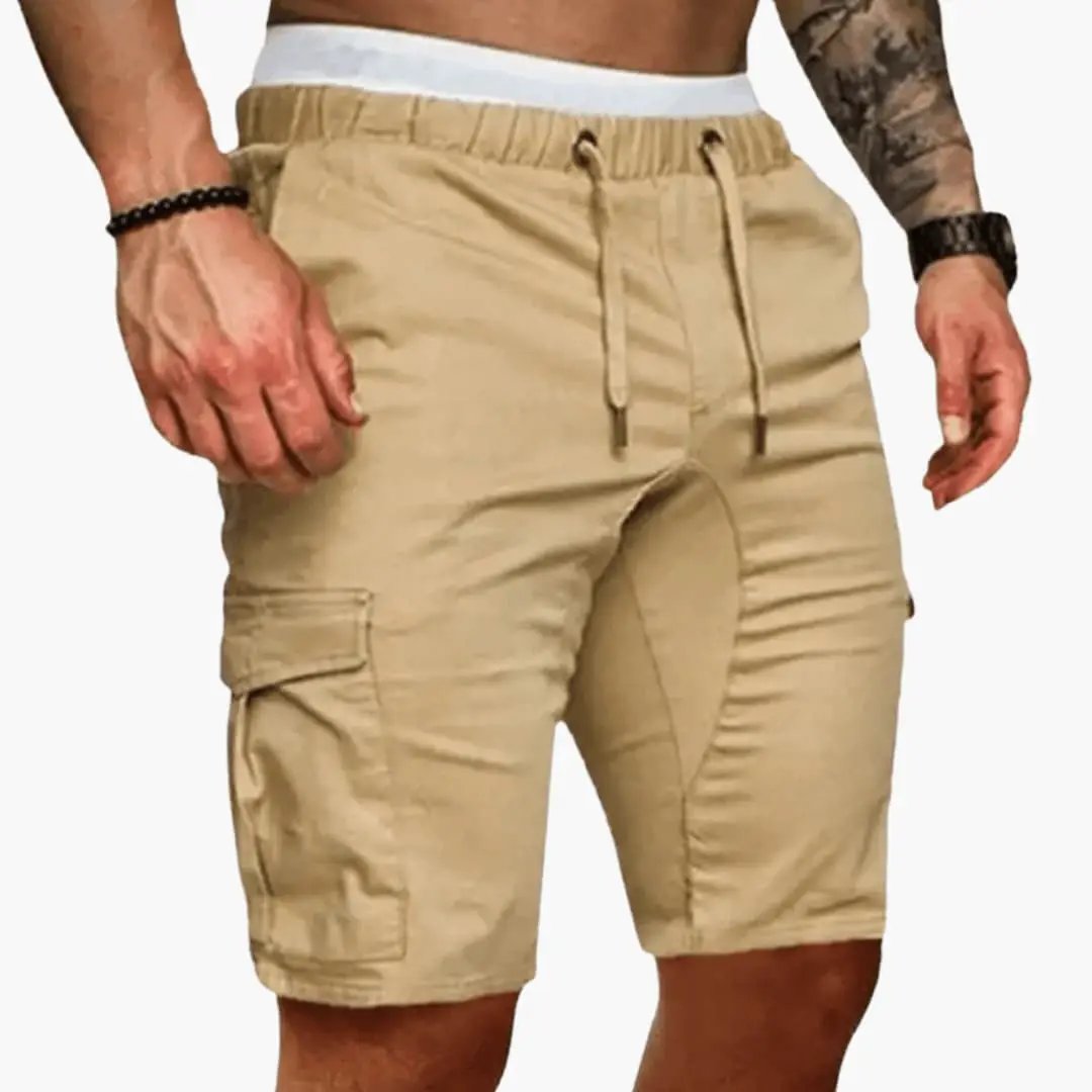 Men's beige cargo shorts with drawstring waist and multiple pockets, knee-length, Wilfred Smith