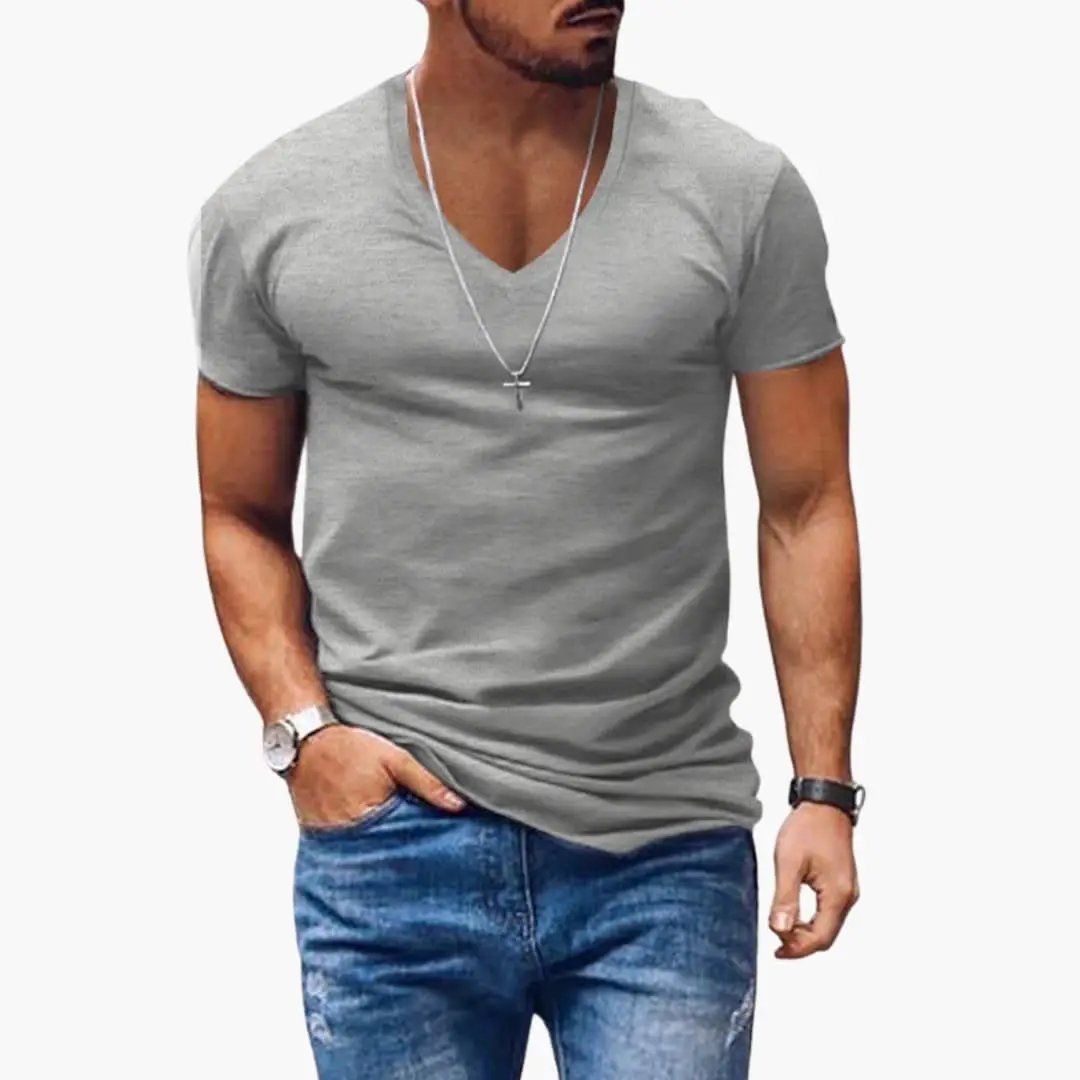 Men’s Classic V-Neck Short Sleeve T-Shirt by Wilfred Smith, gray heather tee