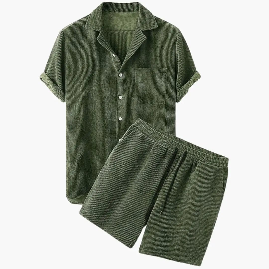 Men's corduroy two-piece shirt and shorts set in olive-green