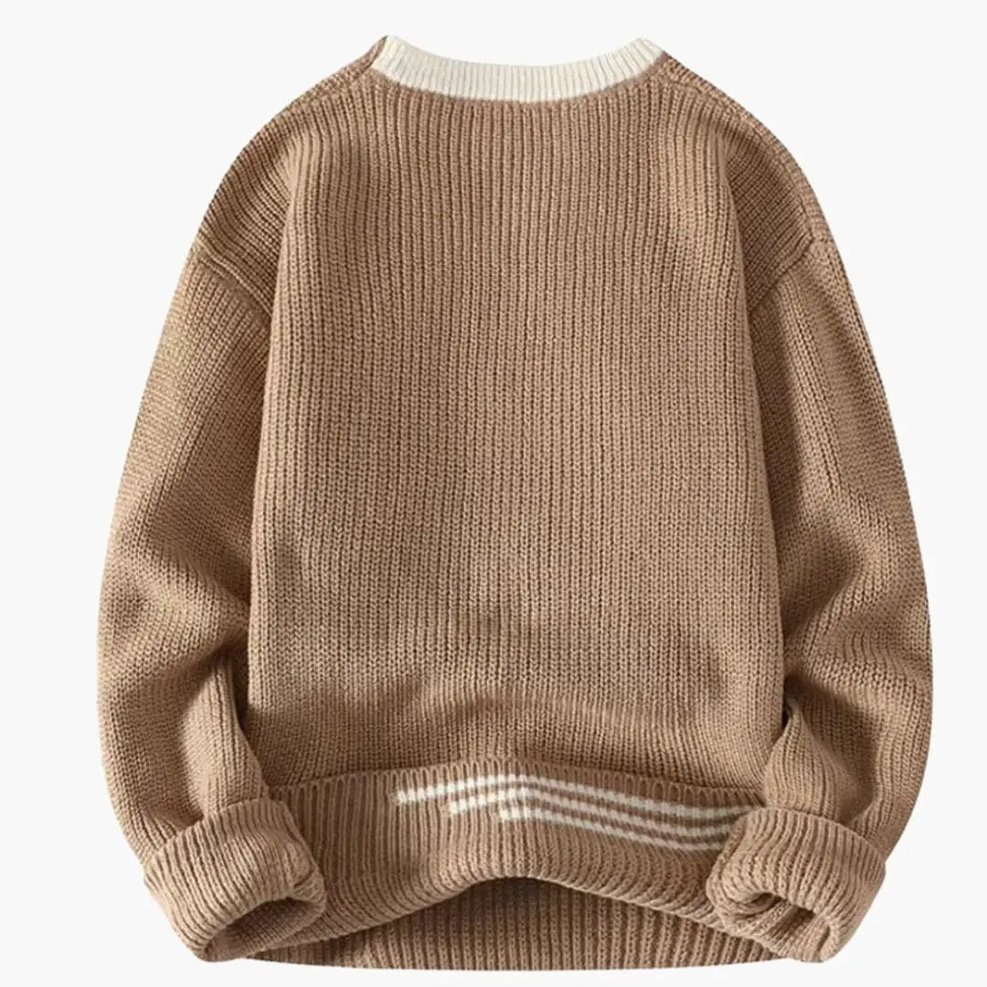 Men's crewneck sweater by Wilfred Smith in tan knit with ribbed hem and cuffs.