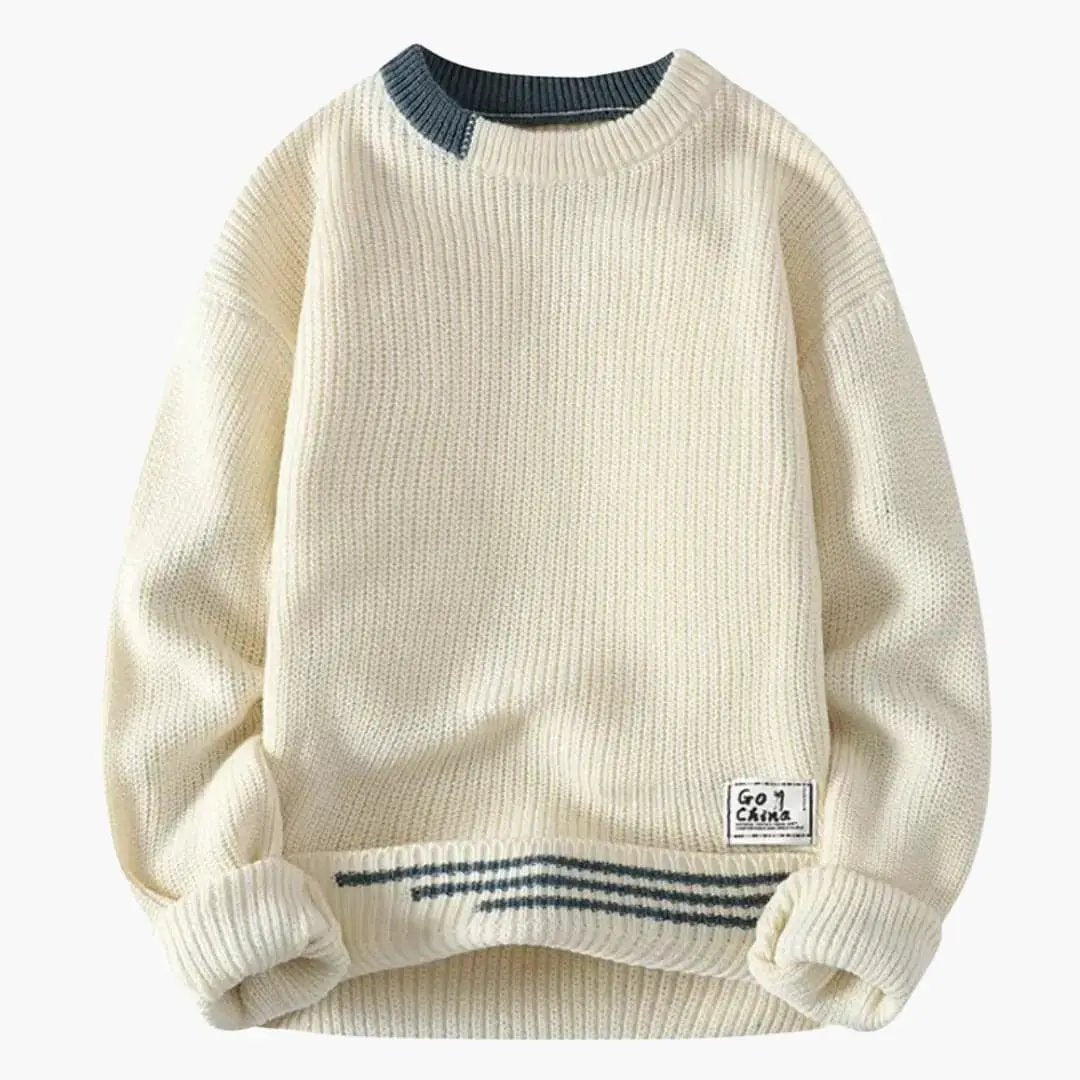 Men's Wilfred Smith cream knit crewneck sweater with ribbed cuffs and hem, blue striped detail.