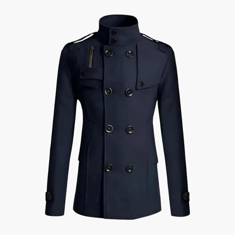 Men’s double-breasted navy coat by Wilfred Smith with high collar and shoulder epaulets