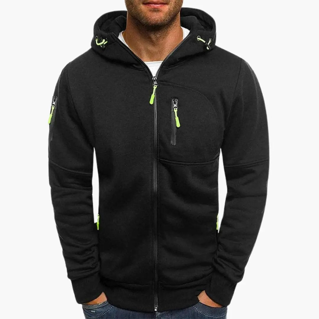 Men's black full-zip hoodie with lime-green zipper pulls and hood drawstrings, chest and sleeve zip pockets.