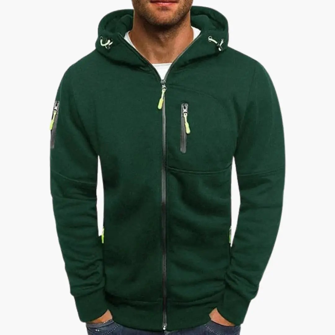 Wilfred Smith men's full-zip hoodie with adjustable drawstring hood in dark green.