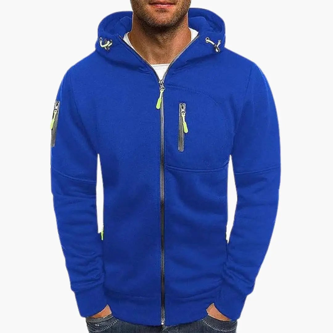 Men's full-zip hoodie in electric blue with neon-green zipper pulls and drawstring hood