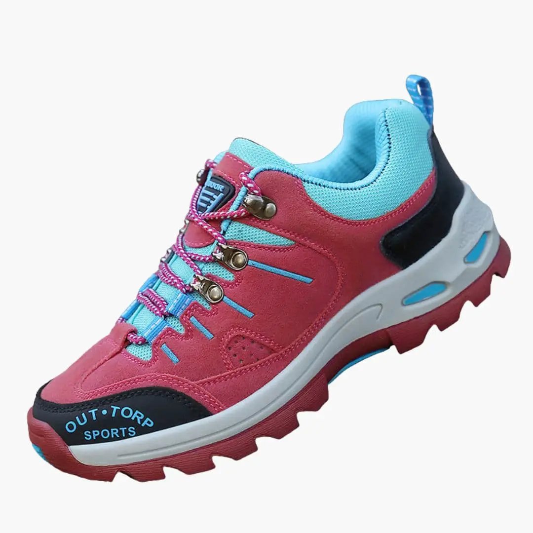 Men’s hiking shoes Out-Tor Sports, pink and turquoise lace-up athletic shoes with a textured outsole.
