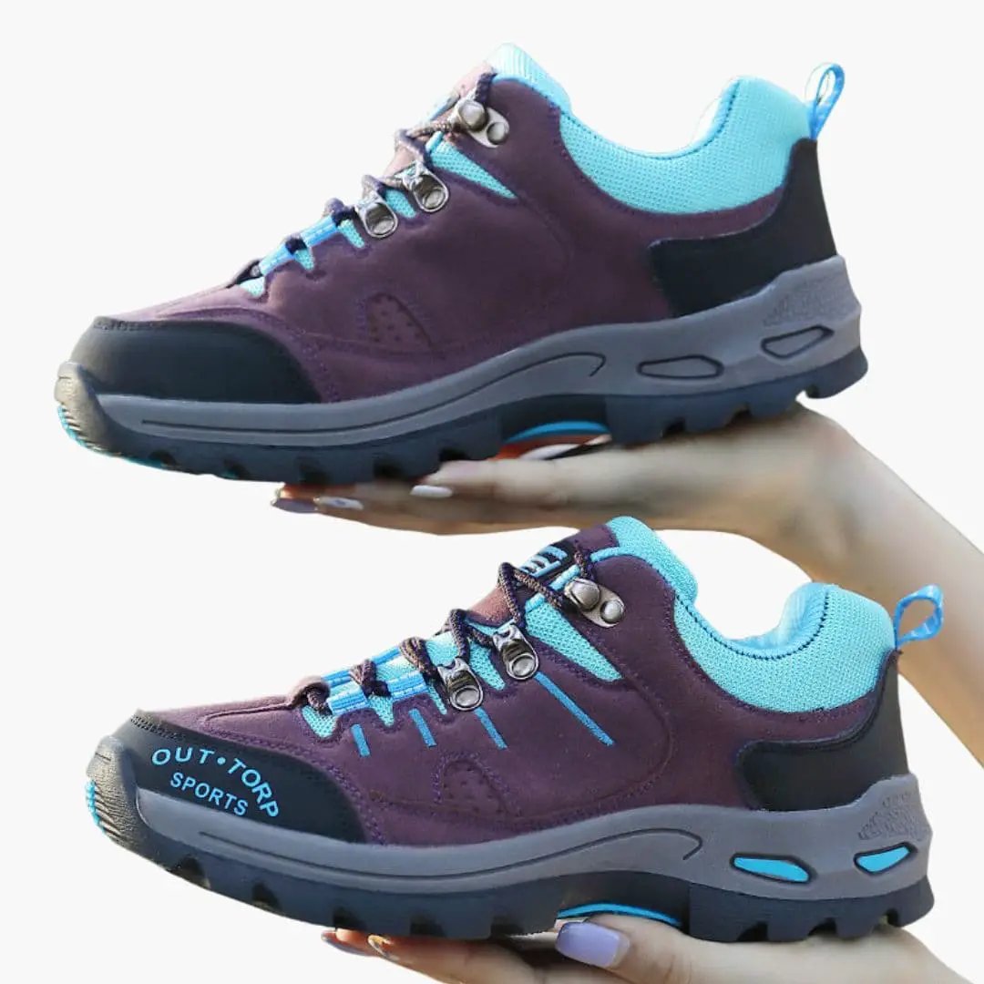 Pair of Outtop Sports men’s hiking shoes with textured outsole, purple uppers and blue accents