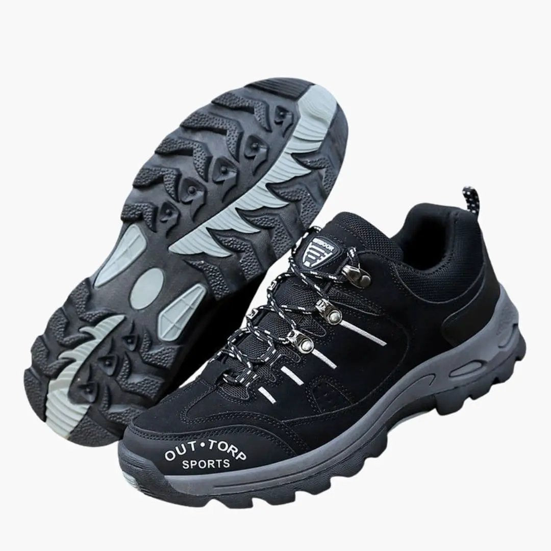 Men’s hiking shoes, black lace-up athletic shoes with textured outsole
