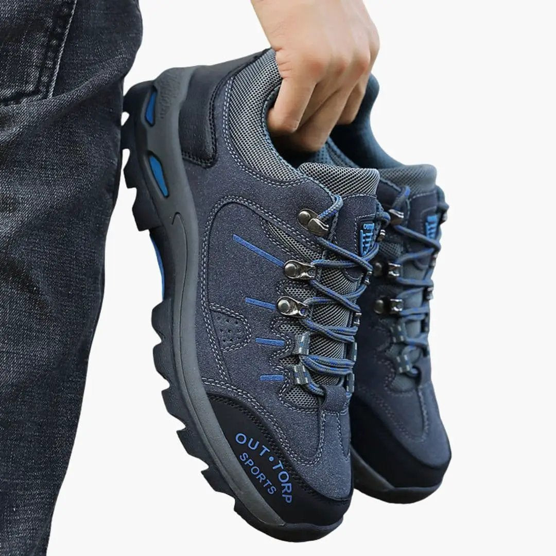 Men's navy hiking shoes pair with textured outsole and durable lacing