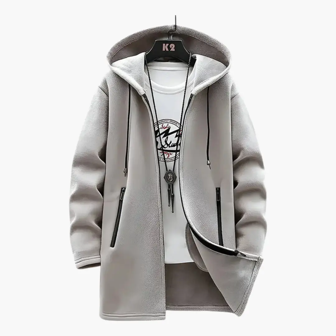 Men's hooded jacket by Wilfred Smith in gray with plush lining and front zip pockets
