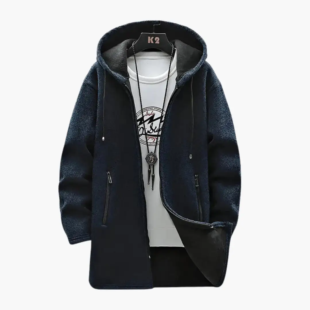 Men's navy hooded jacket with plush lining and front zip pockets